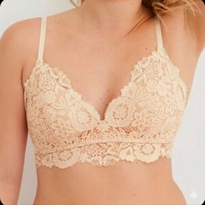 Aerie Real Happy Wireless Lightly Lined Bluegrass Lace Bra, Cream, Size 36D